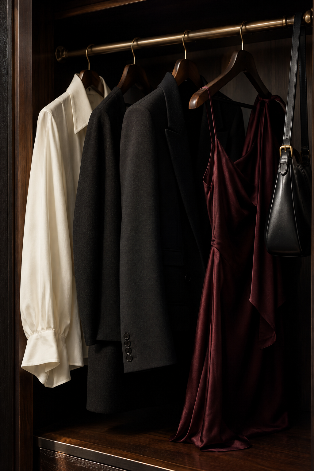 Peças em marfim, preto e vinho organizadas em um guarda-roupa